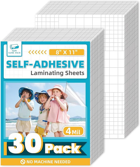 T&W SAME FILM 30 Pack Self Adhesive Laminating Sheets, 4mil, 8 x 11 Inch Laminator Sheets, Self Sealing Laminating Sheets for Laminator, Round Corner, No Heat, No Machine Needed