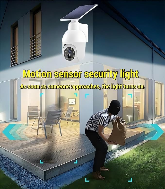 360-Degree Ultra-Bright Solar Light, Dummy CCTV Camera, Outdoor Motion Sensor Spotlight, IP66 Waterproof FloodLights, Wireless Decoy Fake PTZ Dome Security Camera for Porch Garden Patio Driveway