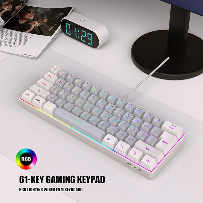 Snpurdiri 60% Wired Gaming Keyboard, SmallUltra-Compact 61 Keys RGB Backlit 60 Percent Gaming Keyboard for PC/Mac Gamer, Typist, Travel, Easy to Carry on Business Trip(White-Grey)