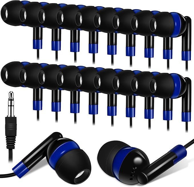 Kanayu 100 Pack Wired Earbuds Bulk for Classroom Ear Headphones Wired Basic Student Earbuds No Microphone with 3.5mm Jack for Kids Class Laptop School Library, Individually Bagged(Dark Blue)