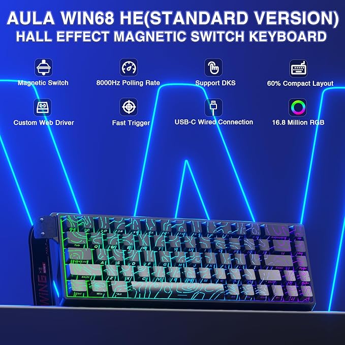 AULA WIN68 HE Mechanical Gaming Keyboard 60%, Hall Effect Magnetic Switch, Fast Trigger Mode Adjustable Actuation, 8000Hz Polling Rate, RGB Backlit, Small Wired Keyboard for Laptop/PC Gamer