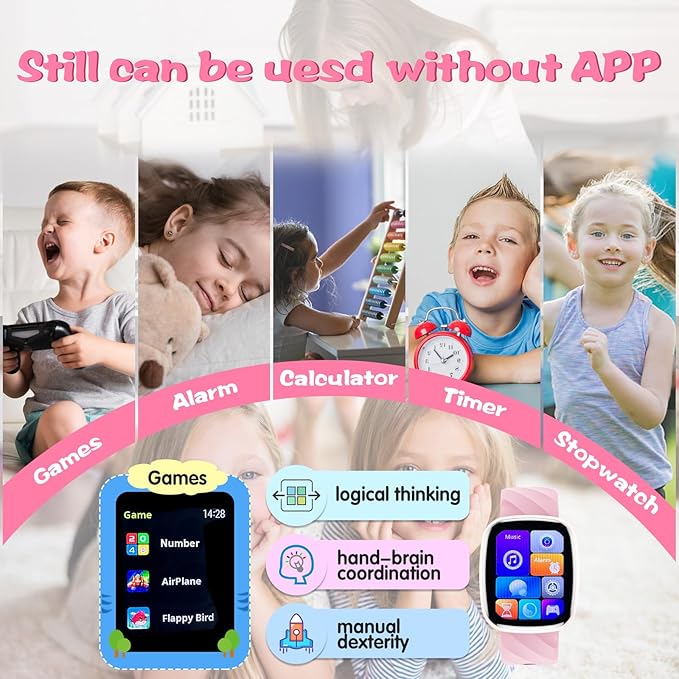 Smart Watch for Kids Fitness Activity Tracker for Boys Girls, Waterproof, Puzzle Games, Alarm Music, Sport Mode, Heart Rate, Sleep, Pedometer, Children Smartwatch Birthday Gift for Teens, Pink