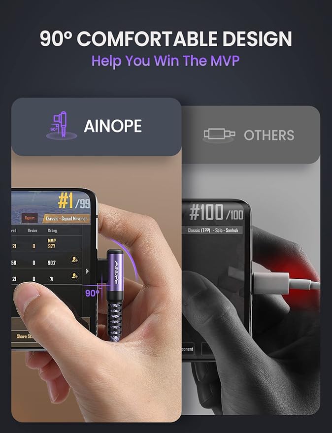 AINOPE USB C Cable 60W 2-Pack 3.3ft Nylon Braided USB C to USB C Cable Type C Charger Fast Charging Right Angle USBC Cable Charger Cord for iPhone 16 Pro Max 15 Plus Samsung S24 S23 iPad Pro Purple