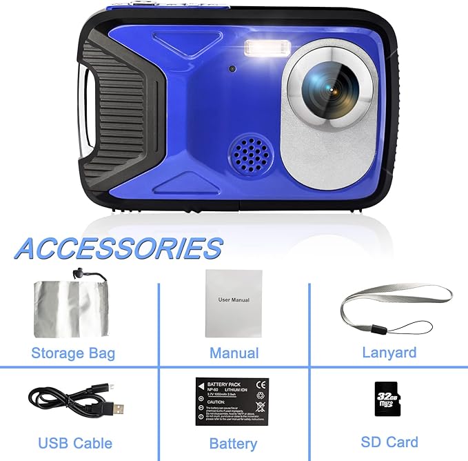 16FT Underwater Camera 30MP Waterproof Digital Camera with 32G Card and Rechargeable Battery, 18X Point and Shoot Camera for Boys Girls Children Teens Snorkeling Swimming Vacation(Blue)