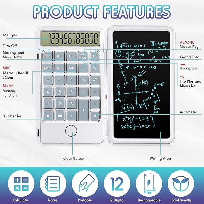 Hion Calculator,12-Digit Large Display Office Desk Calcultors with Erasable Writing Table,Rechargeable Hand held Multi-Function Mute Pocket Desktop Calculator for Basic Financial Home School (White)