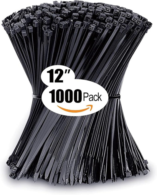 Zip Ties 12 inch with 45 lb Tensile Strength, Black Cable ties, 1000 Pack, ANOSON