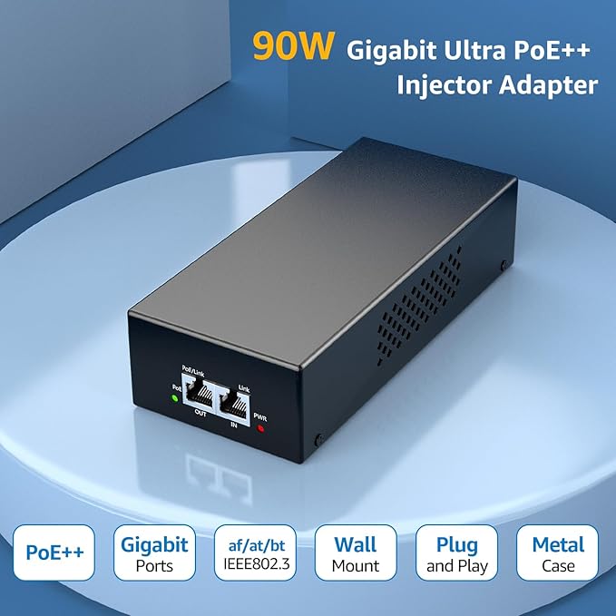 YuanLey Gigabit PoE Injector 90W, 10/100/1000Mbps PoE++ Injector Adapter, IEEE 802.3bt/at/af, Up to 325 Feet, Metal Case Desktop/Wall-Mount, Plug & Play
