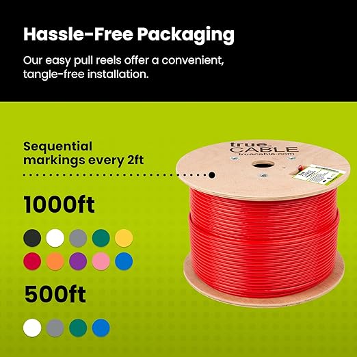 TRUE CABLE Cat6 Shielded Riser (CMR) Bulk Ethernet Cable, 1000ft, Red, 23AWG Solid Bare Copper, 550MHz, Overall Aluminum Foil Shield (F/UTP), PoE++ 100W, ETL Listed