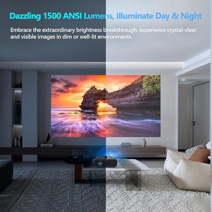 Ultra HD 4K Projector Auto Focus HDR WiFi6, Smart LED WiFi Bluetooth Projector 4K Daylight Home Cinema Movie Gaming 1500ANSI Ceiling Mounted Indoor Outdoor with Auto Keystone Zoom HDMI USB LAN Apps