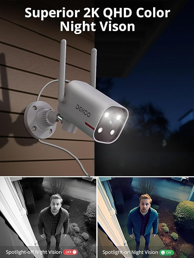 DEKCO Home Camera Outdoor 2K Pan Rotating 180° Wired Outdoor Security Cameras with Color Night Vision, 2.4G WiFi, AI Human Auto Tracking, Work with Alexa/Google Assistant (4 Pack)