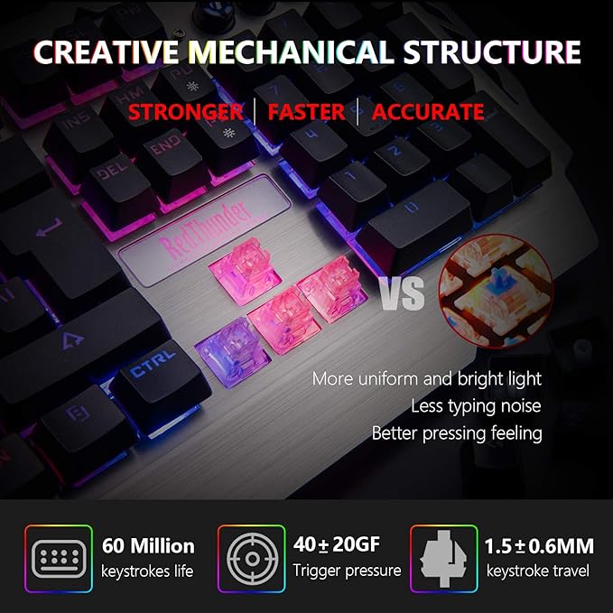 RedThunder K900 Gaming Keyboard, RGB Backlit Semi-Mechanical with Wrist Rest, Water-Resistant USB Wired Hybrid Ergonomic, Teclado Gamer for Desktop Computer PC Mac PS4