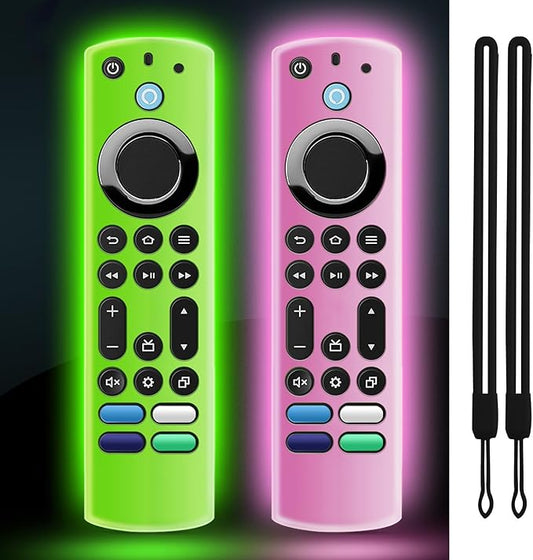 (2 Pack) ONEBOM Silicone TV Remote Cover, (6.2 Inch*1.5 Inch) Anti Slip Silicone Protective Case with Lanyard(Glow Green&Glow Pink)