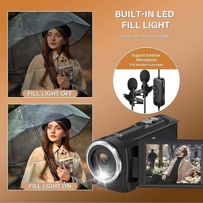 Camcorder Video Camera QHD 2.7K 56MP 16X Digital Zoom Vlogging Camera with LED Fill Light for YouTube, 2.8 Inch 270 Degree Rotation LCD Screen Camcorder with 32GB SD Card and Two Batteries