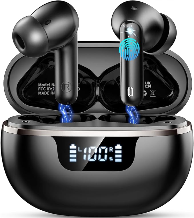 Wireless Earbuds Bluetooth Headphones Noise Cancelling, Bluetooth 5.4 Ear bud with Dynamic Drivers Stereo, 40H Playtime Sports Earphones Wireless Waterproof with LED Power Display for Laptop Pad Phone
