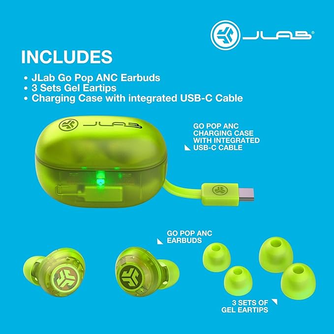 JLab Go Pop ANC True Wireless Earbuds & Charging Case, Transparent Neon Green, Active Noise Cancelling, 10mm Drivers, Dual Connect, Customize Your Sound with App, Be Aware Mode, MEMS Microphone