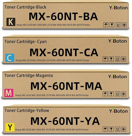 High Yield MX60NT MX-60NT Toner Cartridge MX-60NTBA MX-60NTCA MX-60NTMA MX-60NTYA Compatible with Sharp MX-2630 MX-3050 MX-3570 MX-4050 MX-4070 MX-6070 Printer (4-Pack, Black/Cyan/Magenta/Yellow)