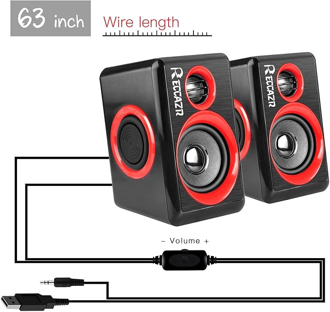 Computer Speakers, 2.0 CH PC Speakers with Surround Sound, USB Wired Laptop Speakers with Deep Bass for Desktop Computer/PC/Laptops/Smart Phone Build-in 4 Loudspeaker Diaphragm Reccazr SP2040|RED
