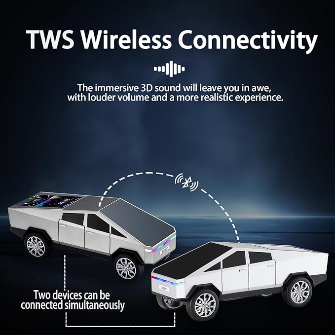 WS-580 Bluetooth Pickup Truck Replica Portable Speaker,with Display Screen,HD Sound, TWS Pairing, FM Radio,Built-in Microphone Hands-Free Calling, LED Party Light,Surprise Gift for Car Lovers(Silver)