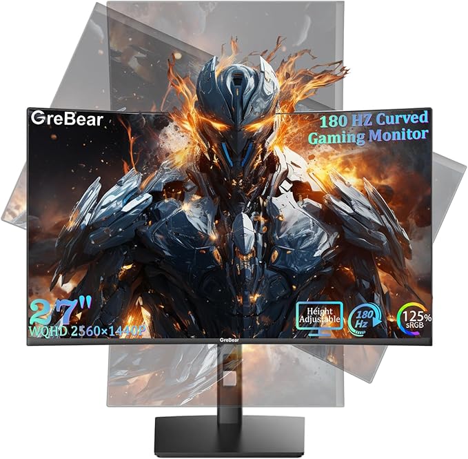 27 Inch Curved Gaming Monitor 180HZ QHD Height Adjustable, Professional PC 2K Monitors 2560 x 1440p Home Office Computer Screen, HDMI, DP, AdaptiveSync, 1500R, Build-in Speaker, 100 x 100 mm VESA