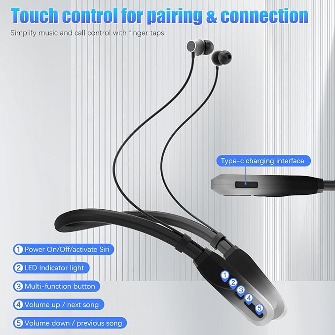 Neckband Bluetooth Headphones, 200H Extra Long Playtime Wireless Stereo Neckband Earbuds with Microphone, Waterproof Balanced Armature Drivers in Ear Headset for Sports/Workout (Silver)