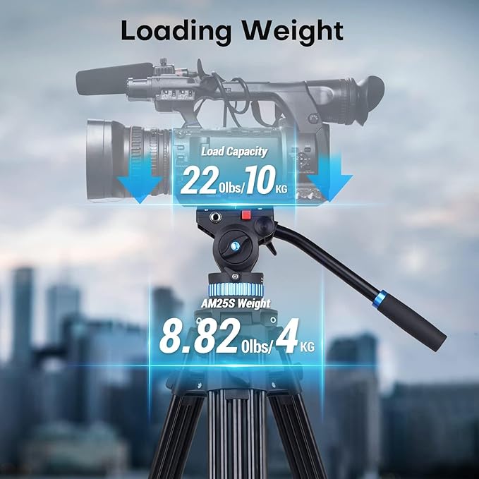 SIRUI AM-25S Video Tripod, 74.8" Professional Heavy Duty Tripod with Adjustable Damping Fluid Head for Camcorder, Cameras, DSLR, 360° Pan & +90°/-75° Tilt, Quick Release Plate, Max Load 22.0lb