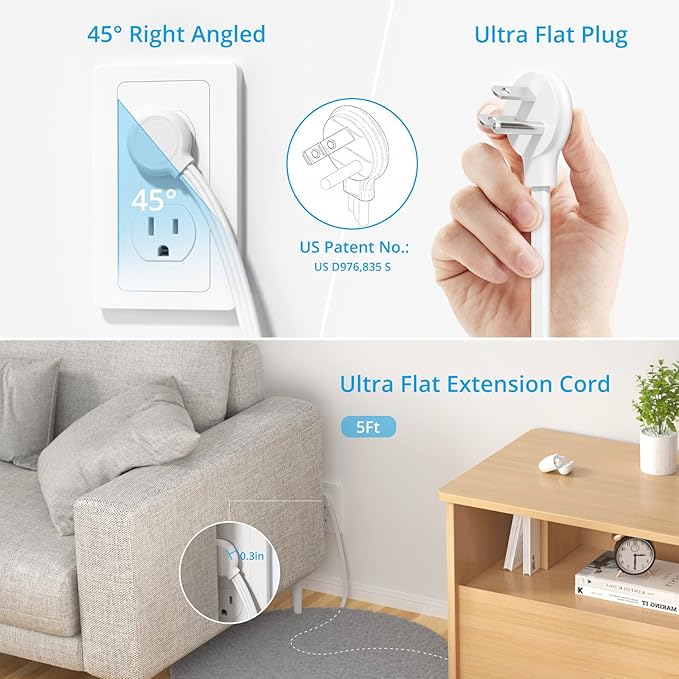 TROND Surge Protector Power Strip with USB, Ultra Thin Flat Plug 5ft Extension Cord 1625W, 3 USB A & 1 USB C, 8AC Outlets 1440J Surge Protection Wall Mount for Home Office Dorm Room Essentials, White