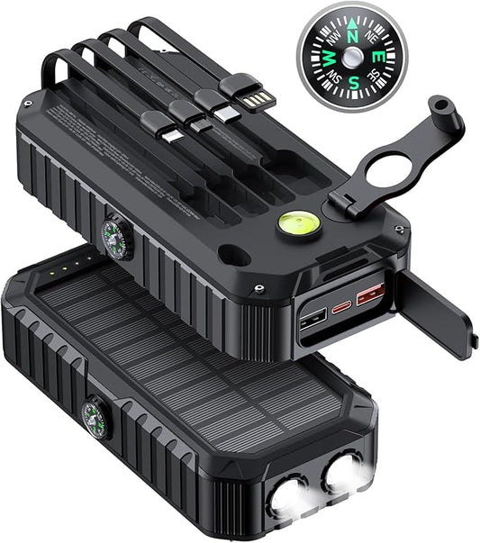 QiSa Solar Charger Power Bank 40000mAh Built in 4 Cables and Hand Crank, Portable Charger 22.5W Fast Charger 6 Outputs & 4 Inputs External Battery Pack with Bright Flashlight and Compass