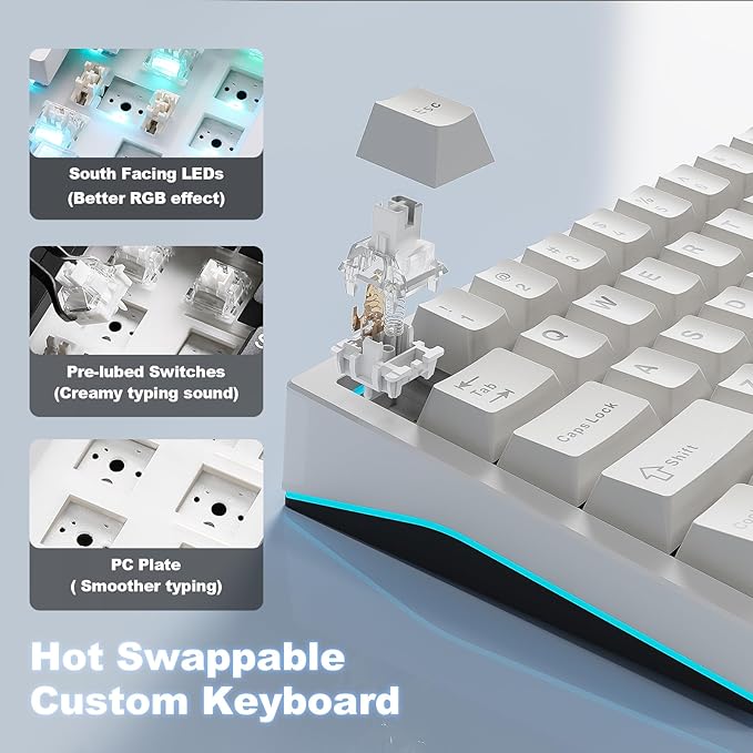 YUNZII AL65 Wireless Mechanical Keyboard, Full Aluminum CNC,Support QMK/VIA Software Gasket Structure,60% Hot Swappable with RGB Backlit BT/2.4G/USB-C for Mac/Windows(White, Milk V2)