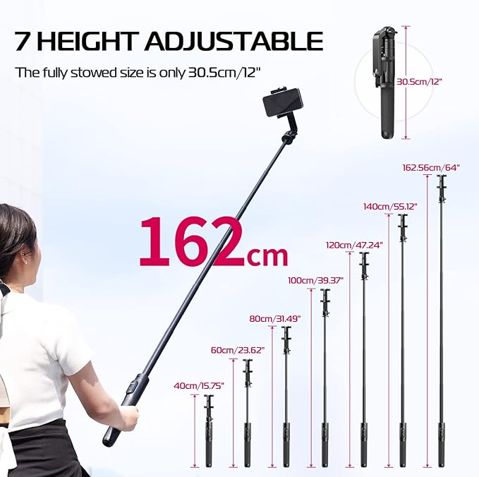 ULANZI SK-03 Selfie Stick Tripod, 64" Professional Stable Phone Tripod Stand for Smartphone/Action Camera, 3 in 1 Extendable Phone Holder with Detachable Remote for Travel Selfies Video Recording Vlog