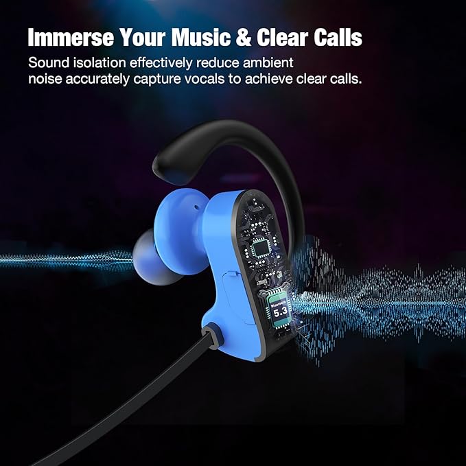 JOYWISE Bluetooth Headphones, Wireless Headphones 16H Playtime Wireless Earbuds with Mic Stereo in-Ear Earphones, IPX7 Waterproof Sports Headphones Sound Isolation Headsets for Running, Workout Blue