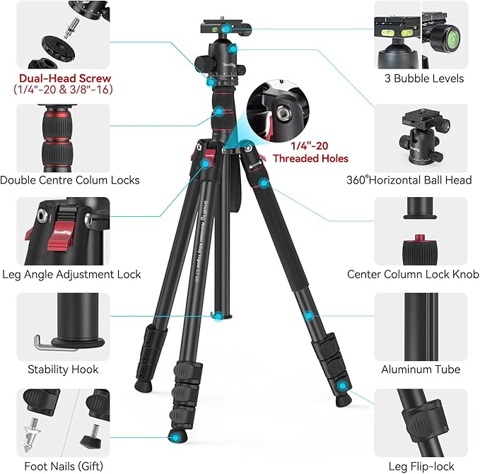 SmallRig CT-20 Camera Tripod, 78.7" Foldable Aluminum Tripod & Monopod, 360°Ball Head Detachable and Quick Release Plate, Payload 33lb, Adjustable Height from 18.5" to 78.7" for Camera, Phone - 3474C