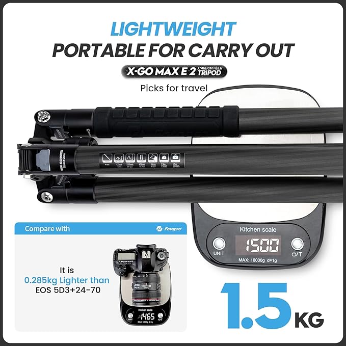 Fotopro 68" Carbon Fiber Tripod for Camera Compact Travel Tripod with Ball Head, Detachable Monopod with Quick Release Plate and Carry Bag Load up to 26lbs/12KG X-go Max E2 Black