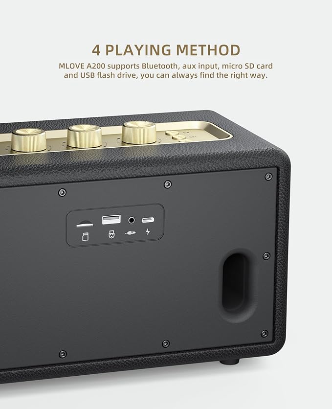 MLOVE A200 Portable Retro Bluetooth Speaker with Aux Input, USB Port, Micro SD Card Slot - Decorative Wireless Bookshelf Speakers Battery Powered, House Warming Gifts for New Home, Black and Gold
