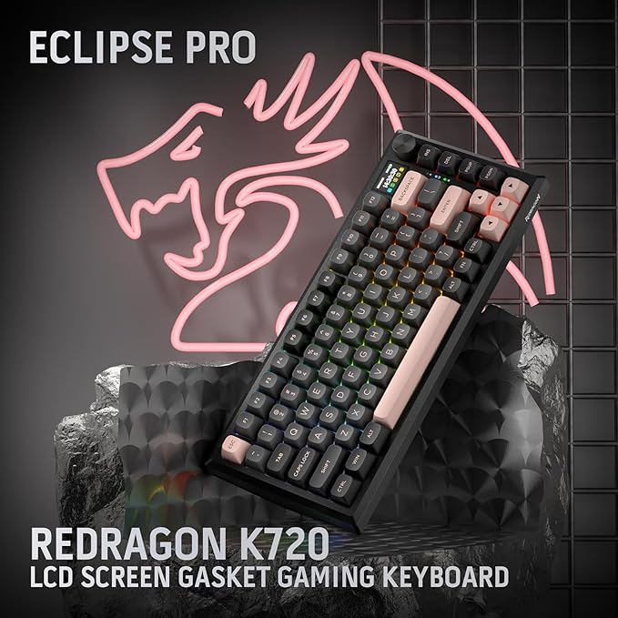 Redragon K720 Wireless CNC Gasket Gaming Keyboard w/Hype Screen & Knob, 81 Keys Mechanical Keyboard, Smart 1.14’’ TFT Info Display, 5-Layer Noise Dampening, Custom Linear Switch, Dawn Sakura Color
