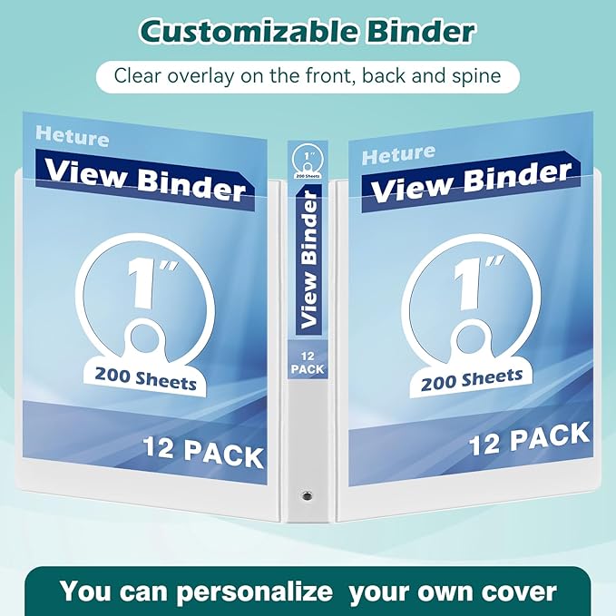 3 Ring Binder 1 Inch 12 Pack, 1" Clear View with Round Rings, PVC-Free,Holds for 200 Sheets 8.5“ x 11" US Letter Size Paper, Durable White Binders Perfect for Office,School and Home