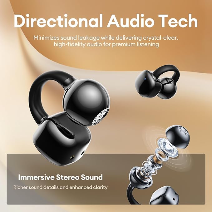 PAXA Clip On Earbuds, Clipbuds7 Open Ear Earbuds Wireless Bluetooth 5.4 with LED Display, Auto L-R Ear Recognition and Touch Control, Ultra-Light 4.5g Fit Comfort for Sports Fitness Daily Use, Black