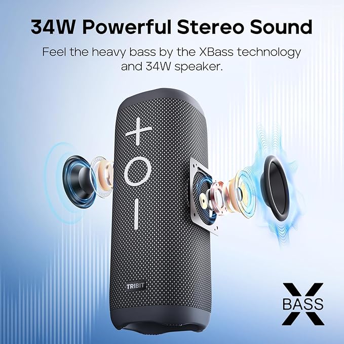 Tribit StormBox 2 Bluetooth Speaker with 34W 360° Surround Sound, XBass Tech, 24H Playtime, IPX7 Waterproof, Bluetooth 5.3, TWS Pairing Portable Wireless Speaker for Outdoor
