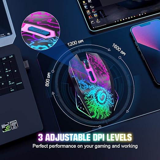 VersionTECH. Wireless Gaming Mouse, Rechargeable Computer Mouse Mice with Colorful LED Lights, Silent Click, 2.4G USB Nano Receiver, 3 Level DPI for PC Gamer Laptop Desktop Chromebook Mac-Black