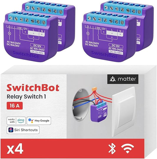 SwitchBot Smart Relay Switch 1(4pack),Smart Relay Module with Built-in Bluetooth Repeater, Wi-Fi&Bluetooth Switch Works with Alexa/AppleHome/Google Home/Matter Hub Required, 2.4GHz, Home Automation