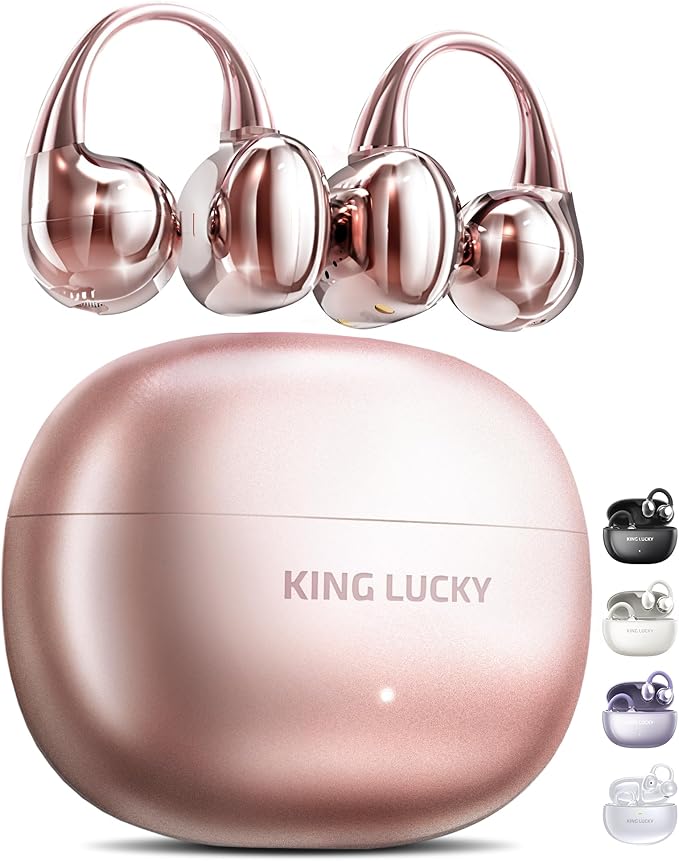 King Lucky Clip on Earbuds Open Ear Wireless Bluetooth 5.4 Headphones with Mic,50H Play,Noise Cancelling,Waterproof,Sports Ear Buds,Comfortable for Small Ears & Glasses Wearers,Workouts (Pink)