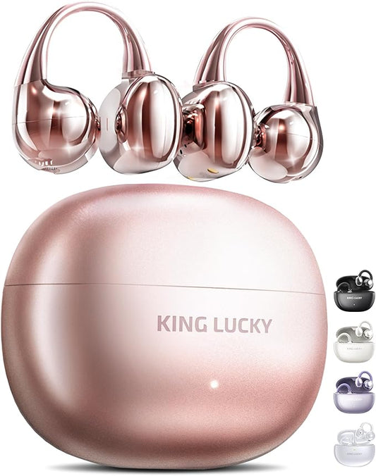 King Lucky Clip on Earbuds Open Ear Wireless Bluetooth 5.4 Headphones with Mic,50H Play,Noise Cancelling,Waterproof,Sports Ear Buds,Comfortable for Small Ears & Glasses Wearers,Workouts (Pink)