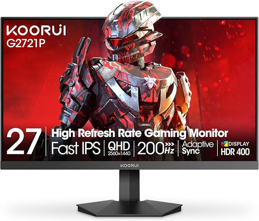 KOORUI 27" 200Hz Gaming Monitor, 1ms Fast IPS Computer Monitor, WQHD (2560 x 1440p) HDR 400 Display, DCI-P3 95% Color Gamut, FreeSync Premium, Adaptive G-Sync, HDMI x 2, DisplayPort, Black