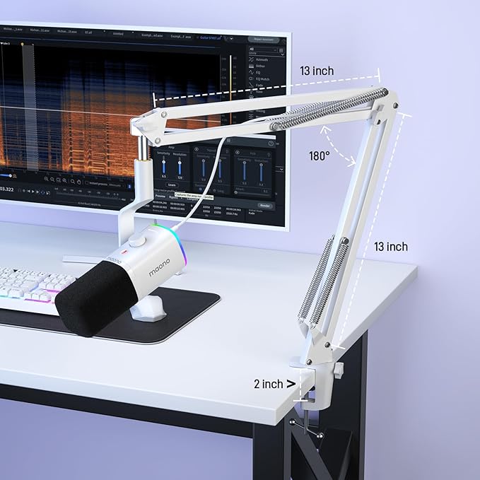 MAONO XLR/USB Gaming Microphone Kit: Dynamic PC Mic for Streaming Podcasting, Software Support, Mute Button, Gain Control, RGB Computer Mic with Boom Arm Stand, for Recording, PS4/PS5, PD100XS White