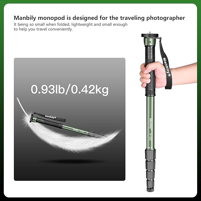 Manbily 65-Inch Camera Monopod, 5 Sections Aluminum Travel Monopod for Canon Nikon Sony DSLR Cameras Video Camcorder, Compact Portable Lightweight（E-222） (Green)