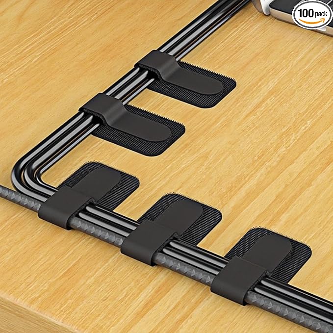 100 Pcs Hook and Loop Cable Straps,Self Adhesive Hook and Loop Cable Ties,Adjustable Cord Organizers for Desk,Reusable Wire Organizers for Cords,Cord Organizer (Black)