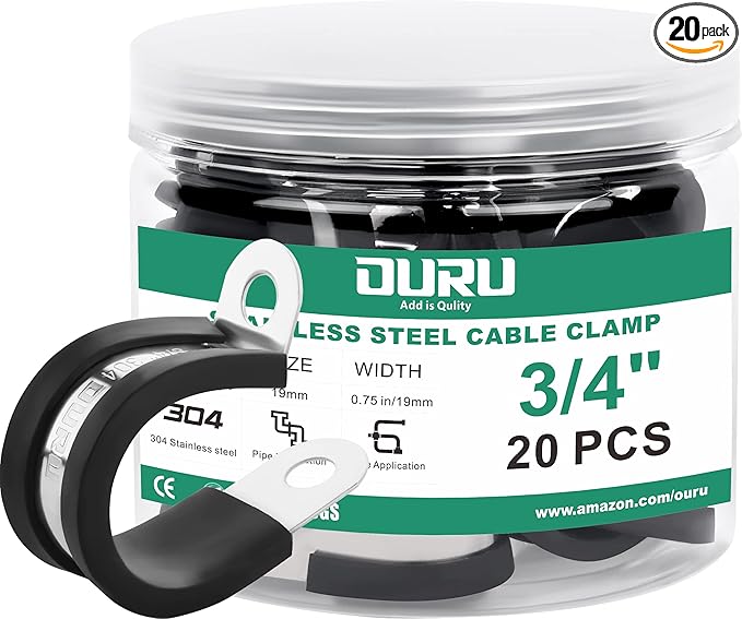 20pcs 3/4 Inch Stainless Steel Cable Clamps,Rubber Coated Cushioned Insulated Cable Clamp,Automotive Cable Wire Clamps,Pipe Clamps,Metal Clamp for Tube,Lines,Wire Cord Installation(Black,19mm)