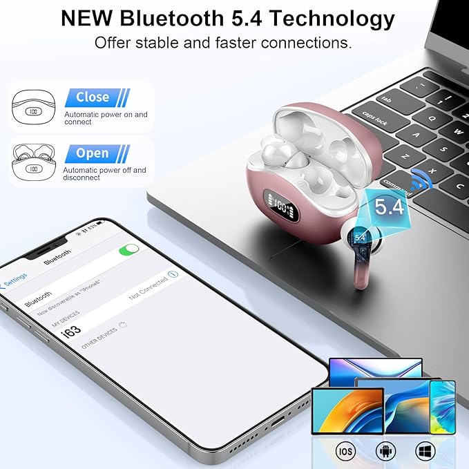 Wireless Earbuds, Bluetooth Headphones 5.4 HiFi Stereo, Ear Buds with 4 ENC Noise Cancelling Mics, 48H Bluetooth Earbuds with Dual LED Display, IP7 Waterproof Earphones for Android iOS, Rose Gold
