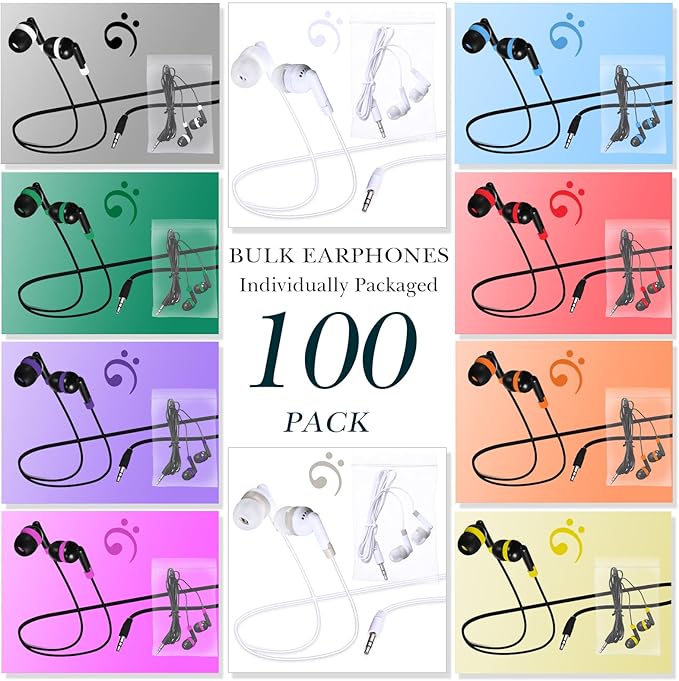Kanayu 100 Pack Wired Earbuds Bulk for Classroom Ear Headphones Wired Basic Student Earbuds No Microphone with 3.5mm Jack for Kids Class Laptop School Library, Individually Bagged(Colorful)