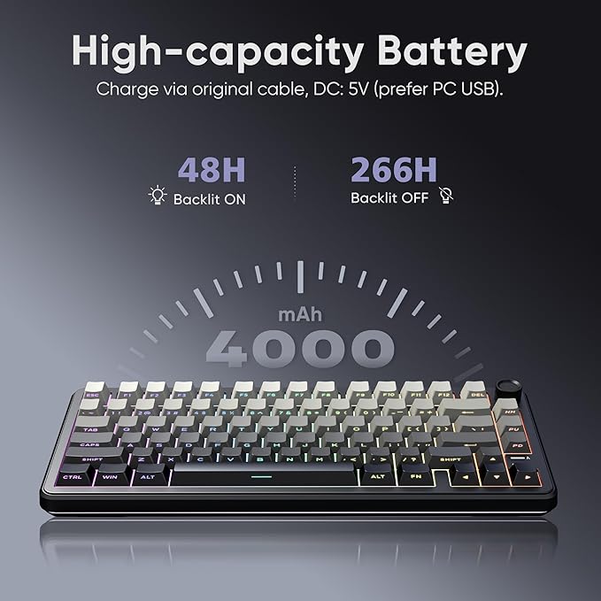 RedThunder K75 Wireless Mechanical Gaming Keyboard, 75% Hot Swappable Creamy Keyboard with Knob, RGB Backlit, Pre-lubed Linear Switches, Side Printed PBT Keycaps, Wireless/Wired/BT5.0 Connection Mode