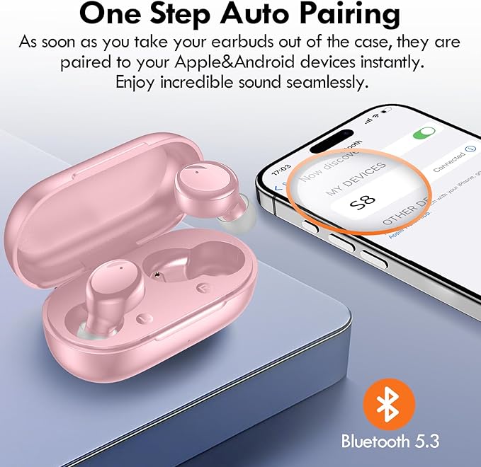 Lanteso True Wireless Bluetooth 5.3 Earbuds, 48H Playtime,Light Weight Headphones in Ear Buds Built in Mic Headset Premium Sound with Deep Bass,Clear Calls Earphones for Sports Workout Pink